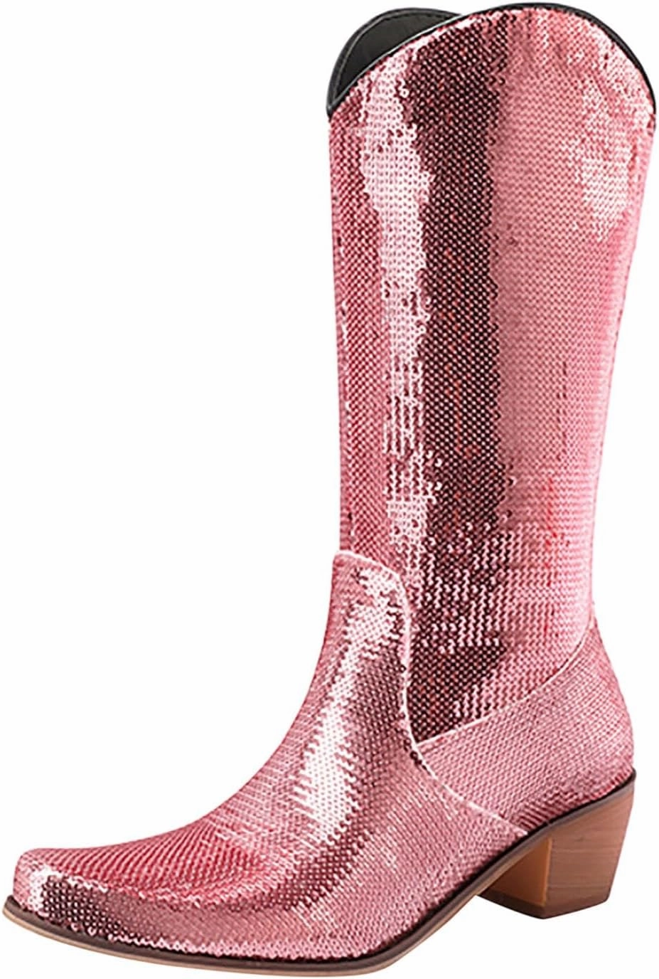 Cowgirl Boots Women's Sequin Chunky Heels Western Cowboy Boots Pointed Toe Mid Calf Knee High Performance Bootie Combat Lug Boots