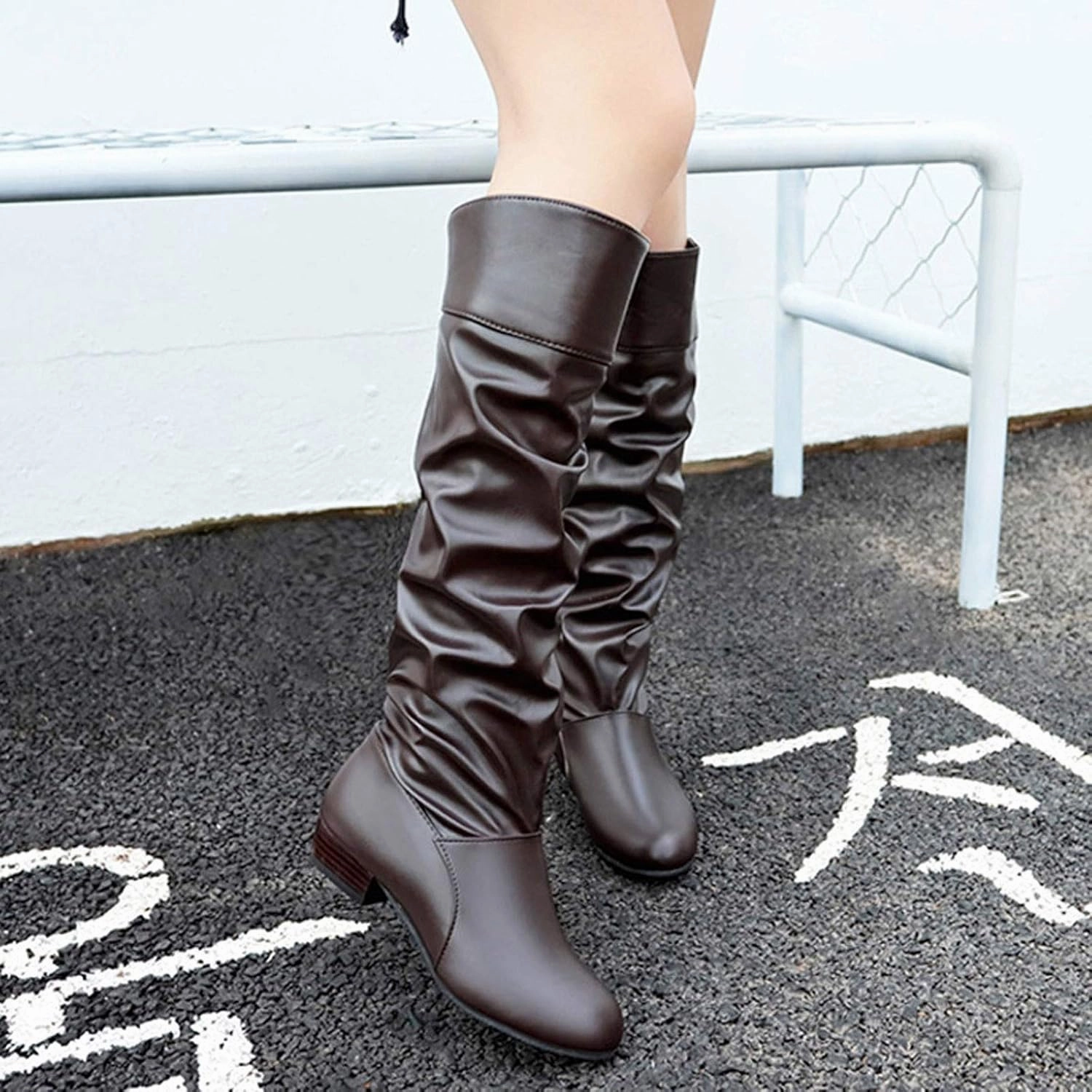 Hiking Boots Women Pleated Knee High Boots Low Block Heel Thigh High Boots Over Knee Tall Long Bootie Infant Combat Boots