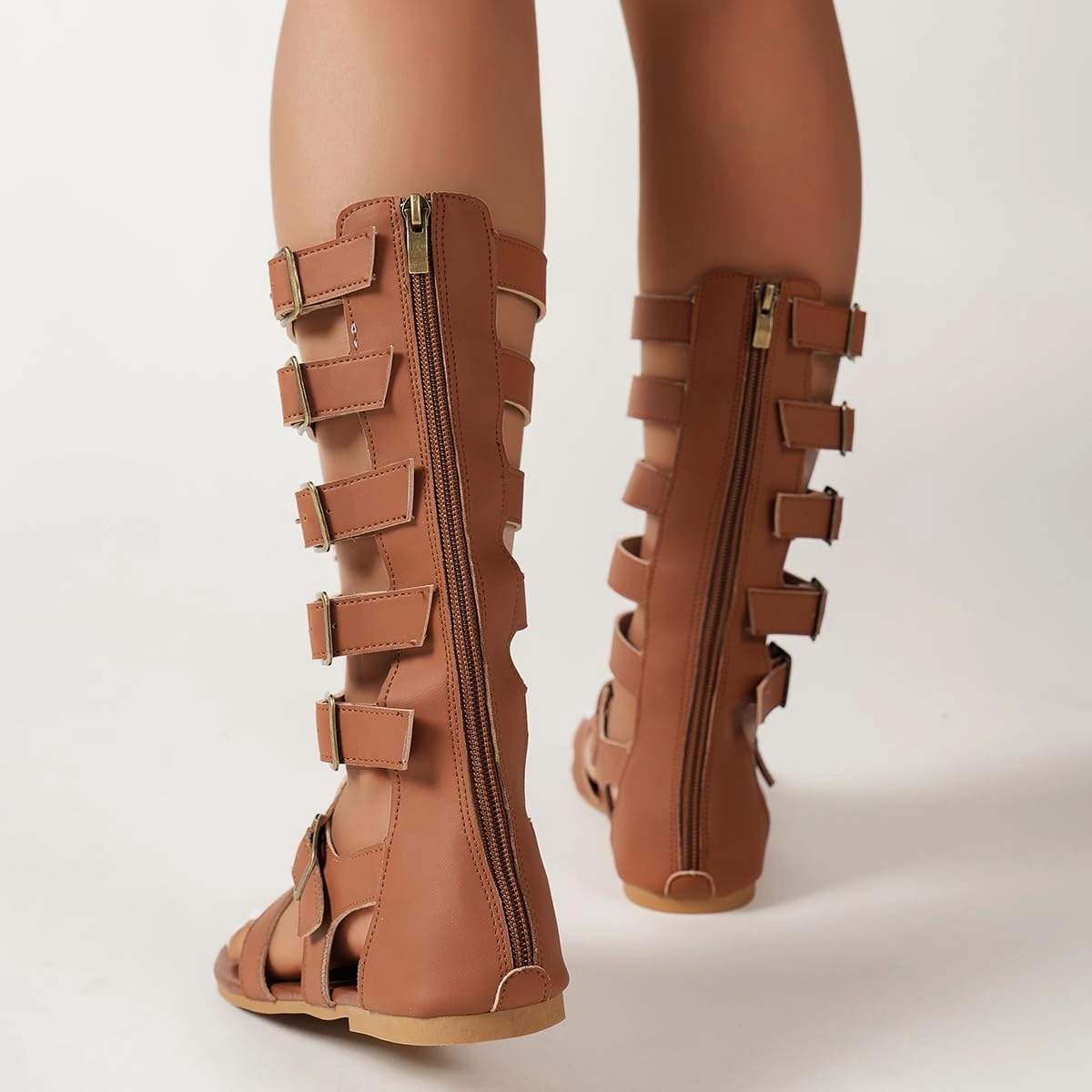 SACFOF Knee High Sandals for Women Summer Gladiator Cut Out Roman Sandals Buckle Beach Ankle Strap Sandals with Back Zipper Clouds Tennis Shoes