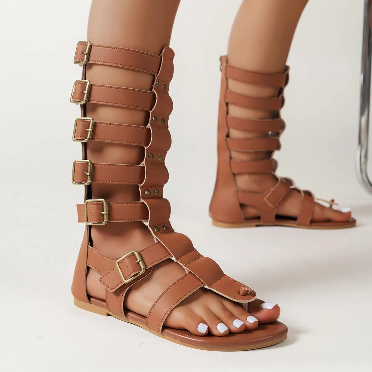 Top Rated Tennis Shoes For Nurses SACFOF Knee High Sandals for Women Summer Gladiator Cut Out Roman Sandals Buckle Beach Ankle Strap Sandals with Back Zipper