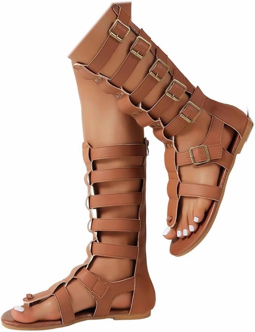 Skull Tennis Shoes SACFOF Knee High Sandals for Women Summer Gladiator Cut Out Roman Sandals Buckle Beach Ankle Strap Sandals with Back Zipper