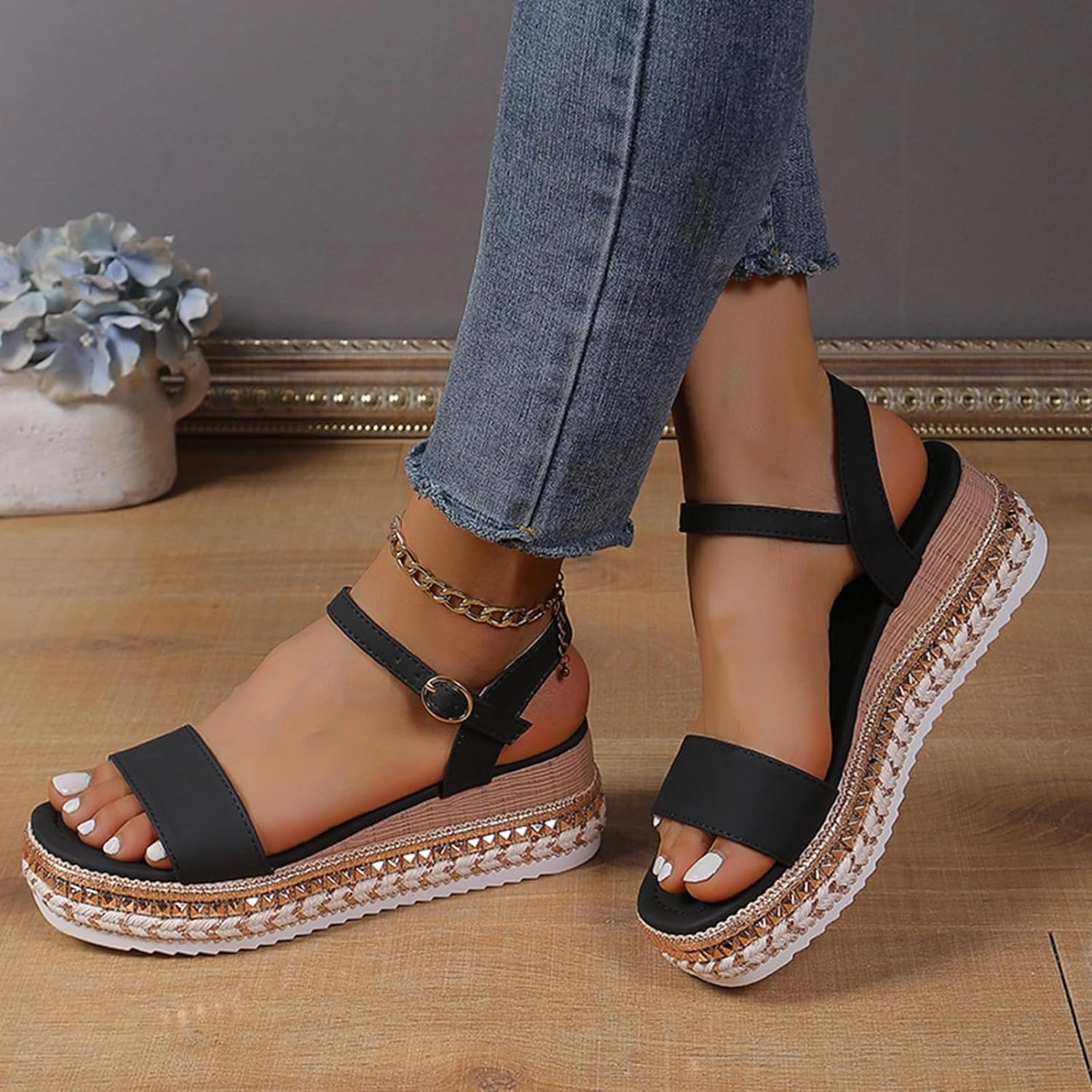 SACFOF Platform Sandals for Women Open Toe Ankle Strap Buckle Espadrille Flatform Platform Wedge Dressy Summer Sandals Old School Tennis Shoes