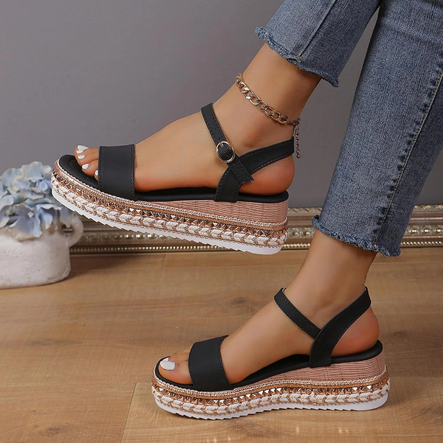 SACFOF Platform Sandals for Women Open Toe Ankle Strap Buckle Espadrille Flatform Platform Wedge Dressy Summer Sandals 90s Tennis Shoes