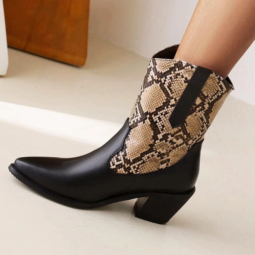 SACFOF Snake Print Ankle Boots for Women Chunky Mid Heel Pointed Toe Cowboy Boots Western Snakeskin Cowgirl Boots Dress To Wear With Tennis Shoes