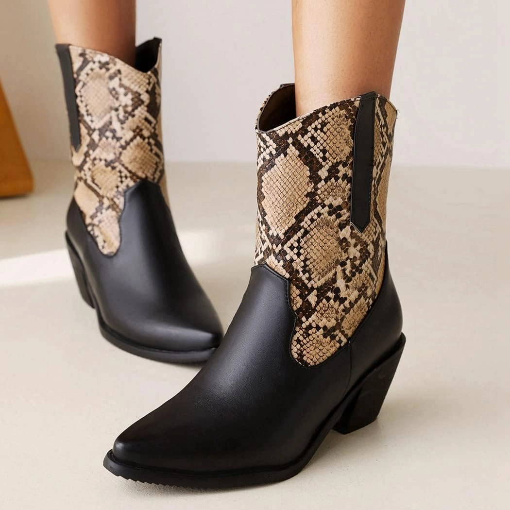 SACFOF Snake Print Ankle Boots for Women Chunky Mid Heel Pointed Toe Cowboy Boots Western Snakeskin Cowgirl Boots Kevin Durant Tennis Shoes