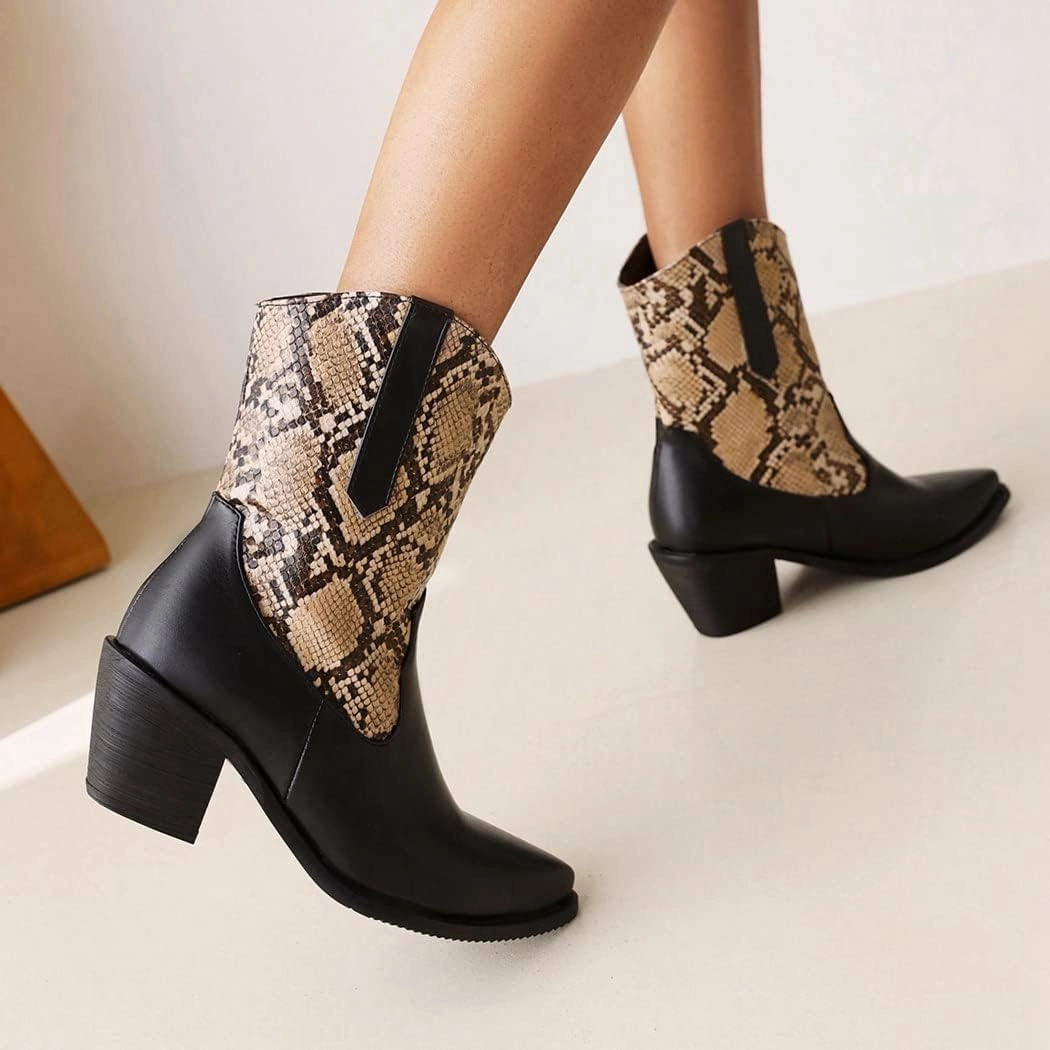 SACFOF Snake Print Ankle Boots for Women Chunky Mid Heel Pointed Toe Cowboy Boots Western Snakeskin Cowgirl Boots Cole Haan Tennis Shoes