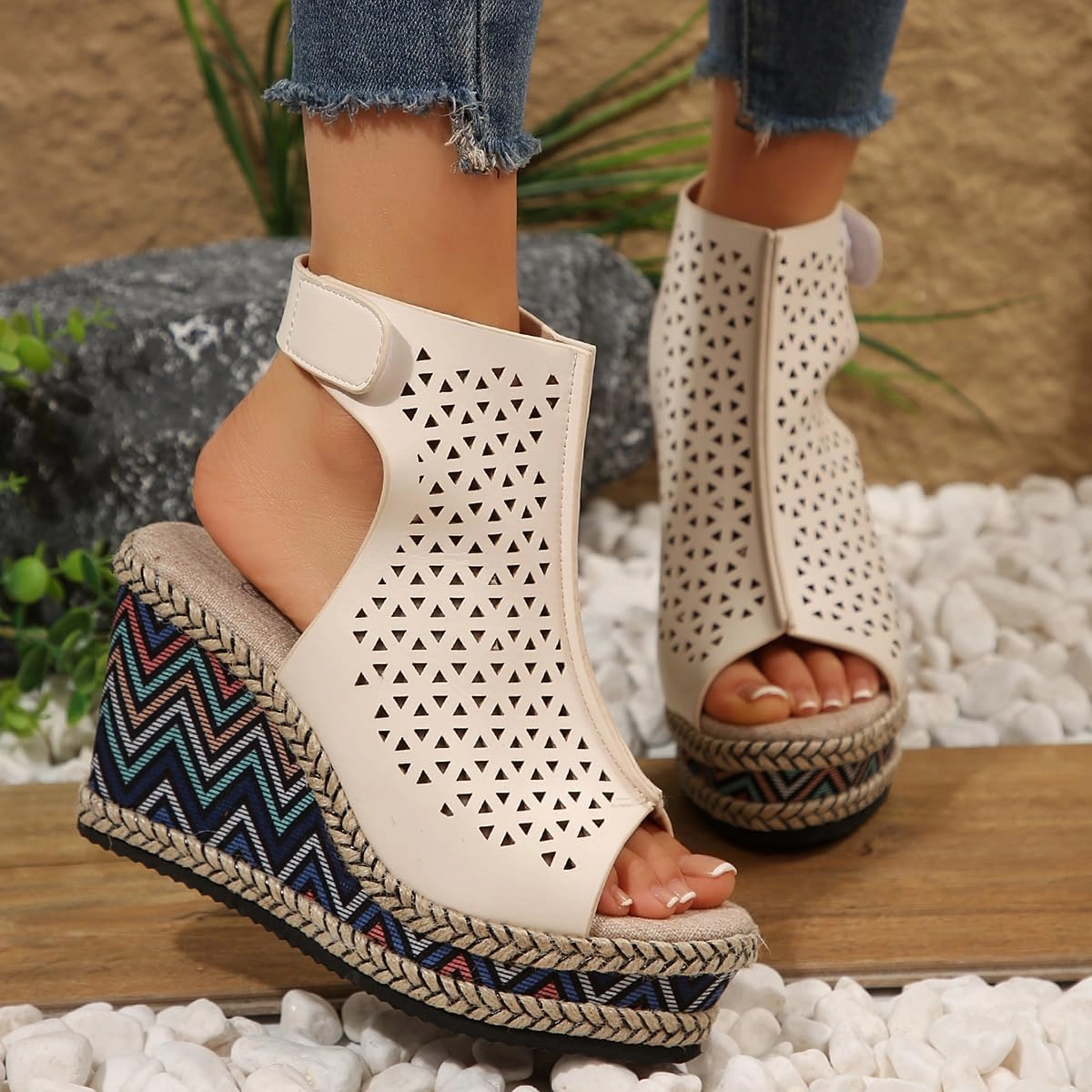 SACFOF Women's Cut Out Peep Toe Wedge Sandals Summer Slingback Ankle Booties Platform Wedge Heels Sandals Trendy Tennis Shoes 2024