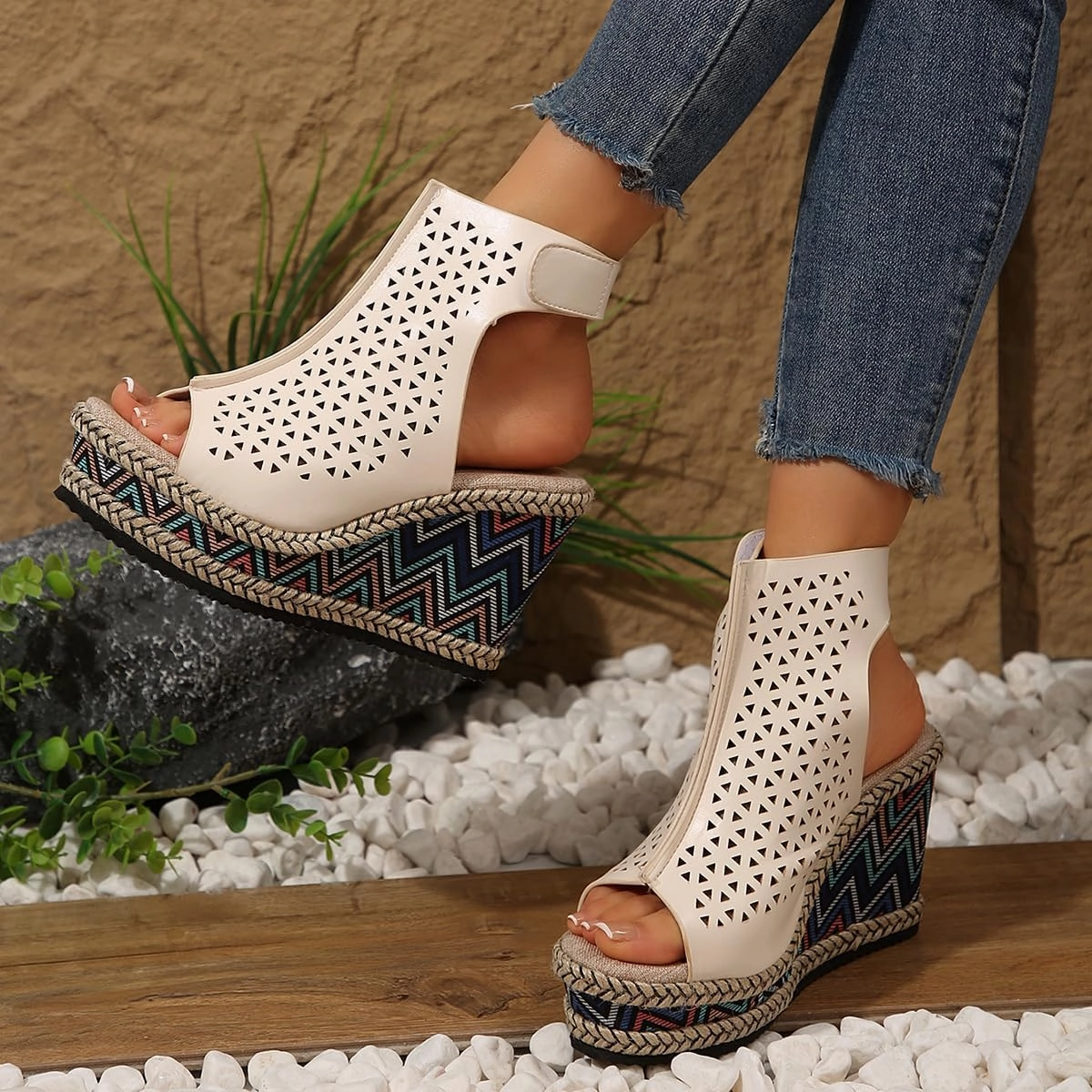 SACFOF Women's Cut Out Peep Toe Wedge Sandals Summer Slingback Ankle Booties Platform Wedge Heels Sandals Kuru Tennis Shoes