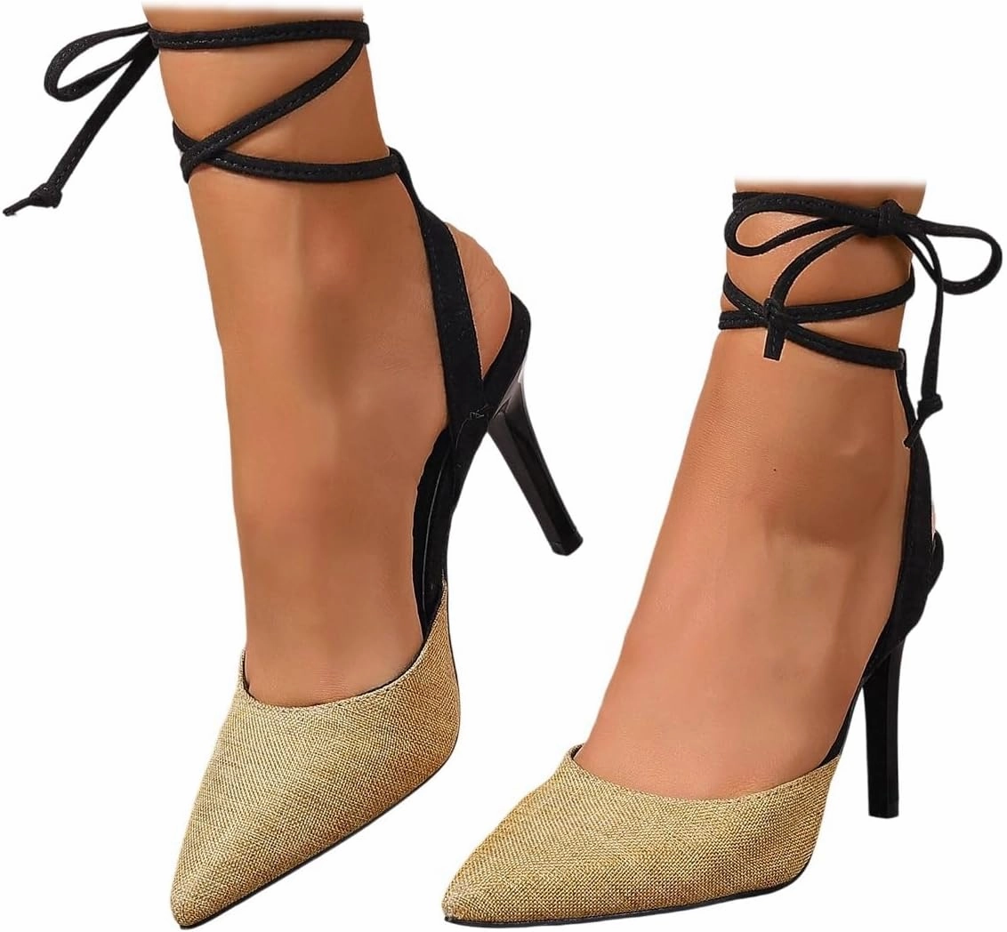 SACFOF Women's High Heels Stiletto Sandals Closed Pointed Toe Backless Dress Party Wedding Shoes Lace Up Pumps Nike Tennis Vapor Shoes