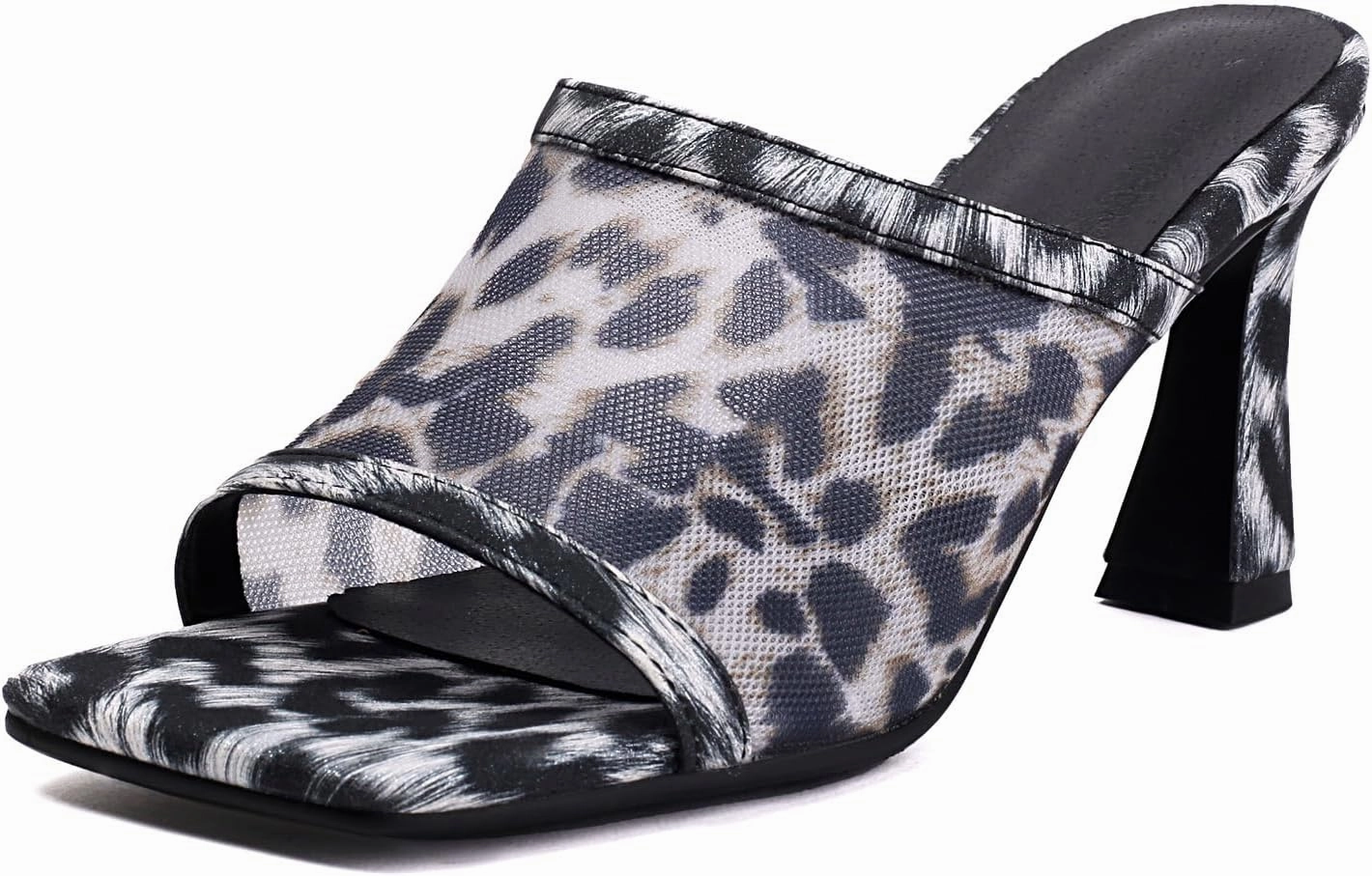 SACFOF Women's Mesh Heeled Sandals Peep Toe Leopard Print Slip on Square Toe Heeled Mules Backless Dressy Sexy Slide Sandals Ariat Tennis Shoes