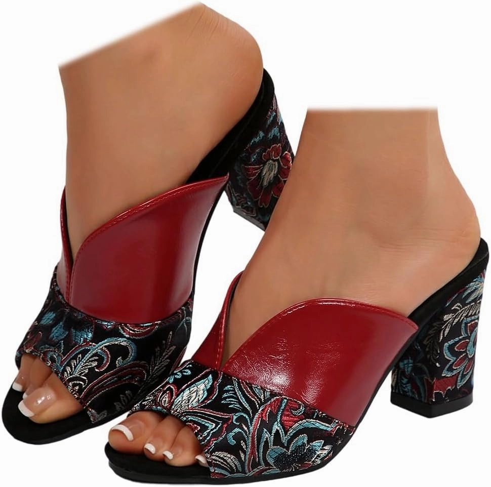 SACFOF Women's Open Toe Heeled Sandals Vintage Prints Mules Low Block Chunky Heeled Sandal Casual Dress Pumps Shoes New Balance Tennis Shoes 608