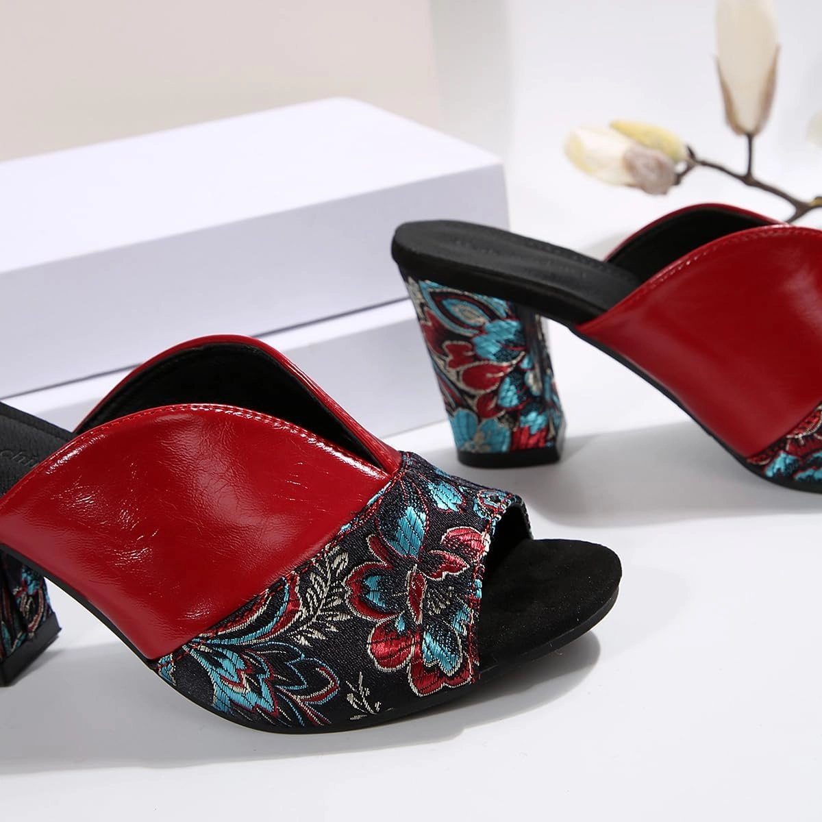 Everyday Tennis Shoes SACFOF Women's Open Toe Heeled Sandals Vintage Prints Mules Low Block Chunky Heeled Sandal Casual Dress Pumps Shoes