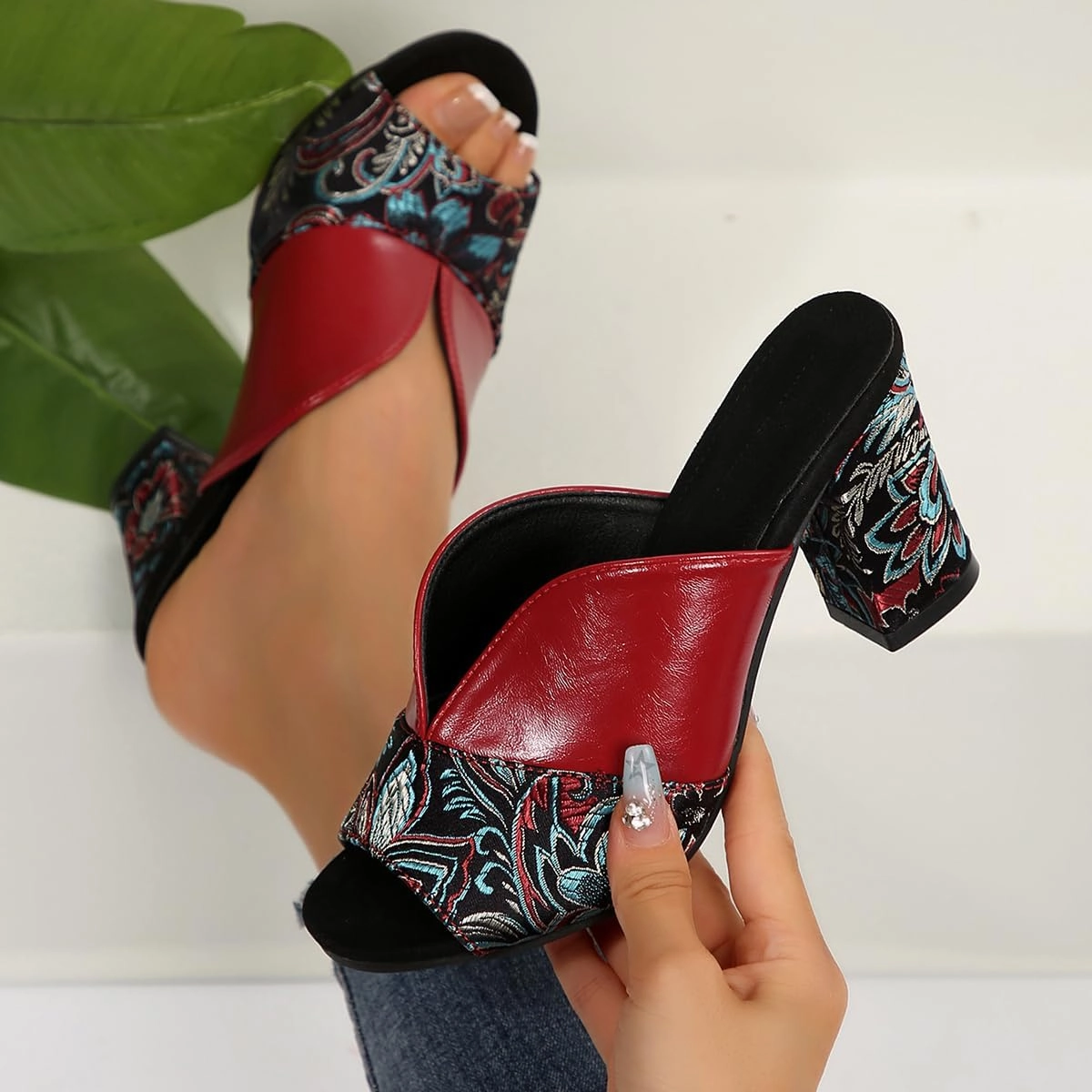 The Most Expensive Tennis Shoes SACFOF Women's Open Toe Heeled Sandals Vintage Prints Mules Low Block Chunky Heeled Sandal Casual Dress Pumps Shoes