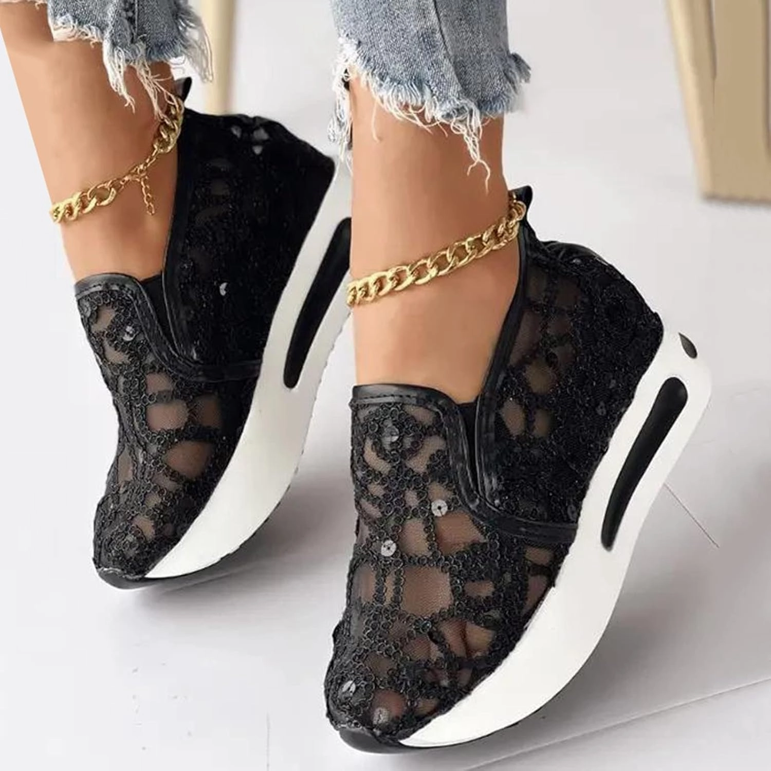 SACFOF Women's Platform Wedge Sneakers Floral Embroidery Breathable Mesh Summer Platform Shoes Hidden Walking Loafers Cheap Asics Tennis Shoes