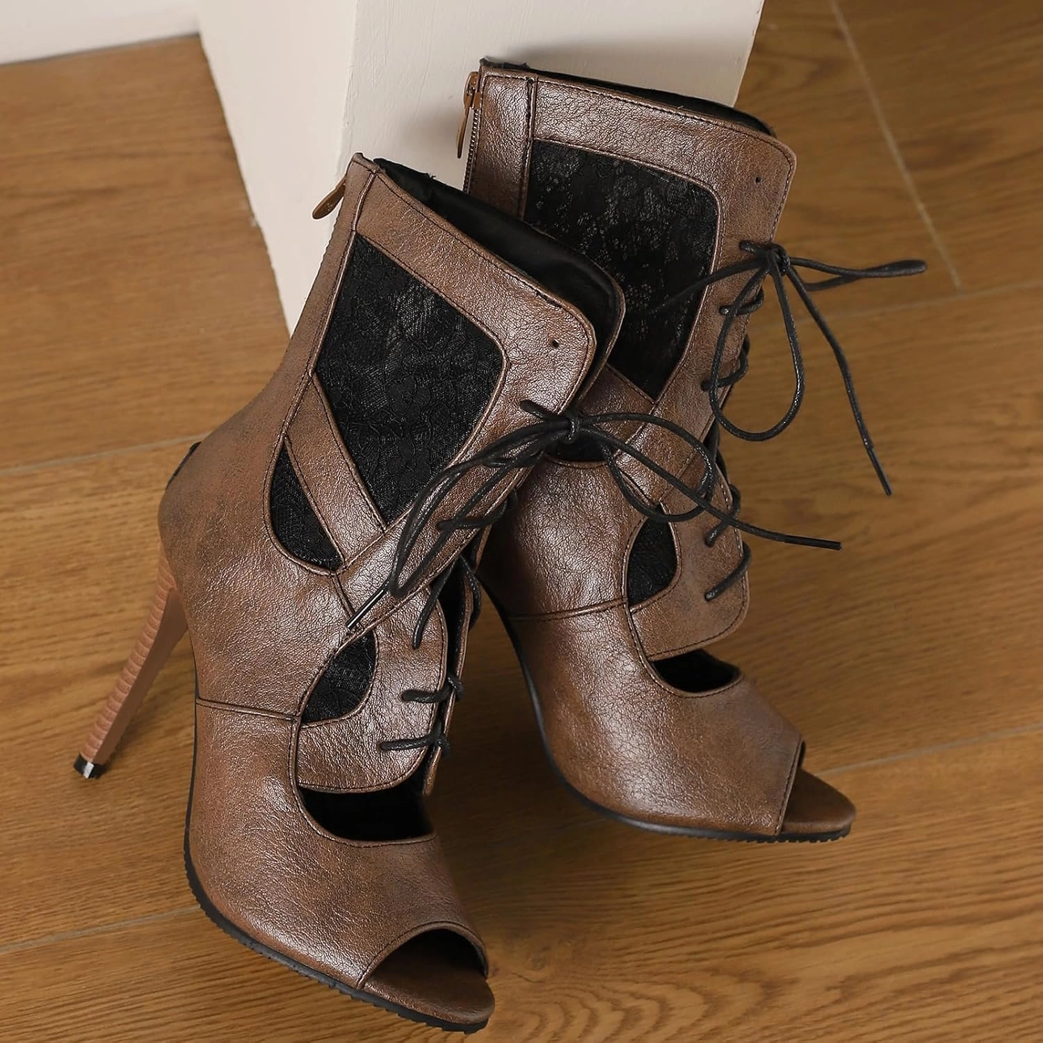 SACFOF Women's Sexy Peep Toe Lace Up High Heeled Sandals Fashion Stilettos Heels Dance Dressy Gladiator Summer Ankle Booties Ortholite Tennis Shoes