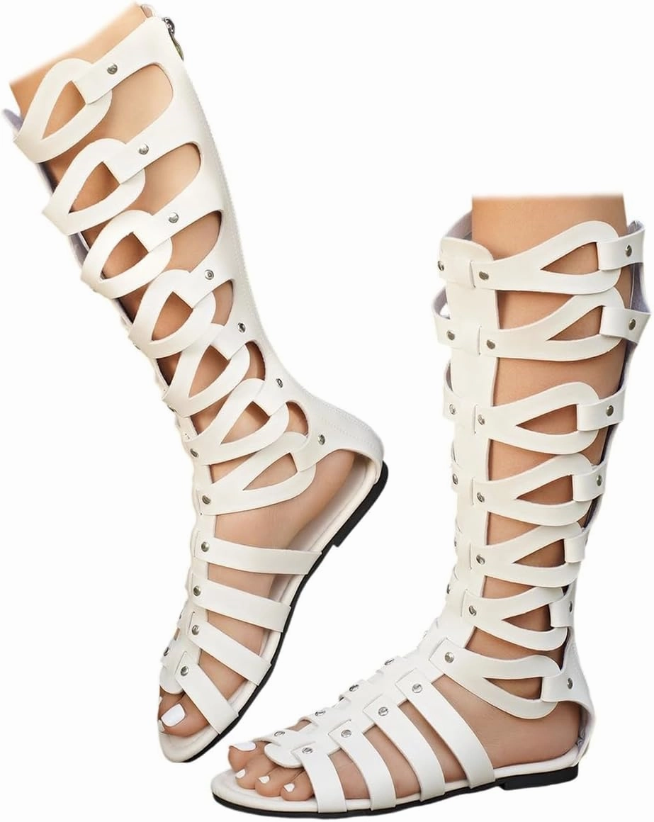 SACFOF Womens Knee High Sandals Summer Gladiator Cut Out Roman Boots Open Toe Flat Sandals with Zipper Breast Cancer Awareness Tennis Shoes
