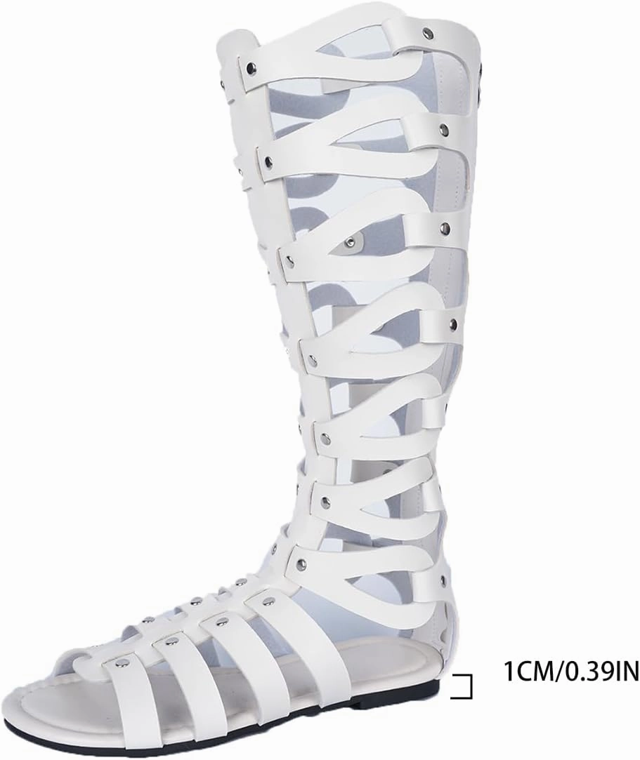 SACFOF Womens Knee High Sandals Summer Gladiator Cut Out Roman Boots Open Toe Flat Sandals with Zipper Adidas Tennis Shoes Ubersonic