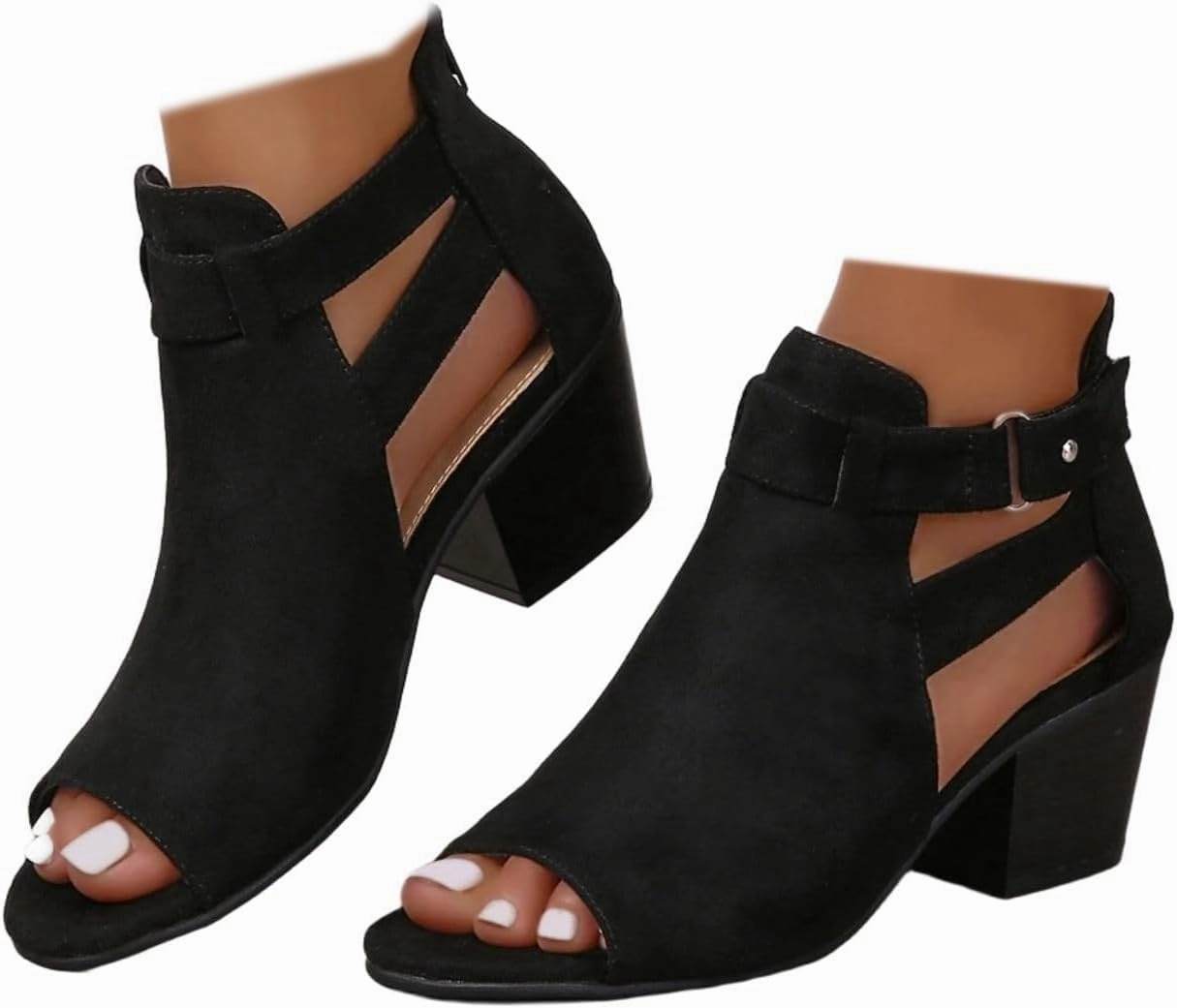 SACFOF Womens Peep Toe Booties Suede Cutout Side Strap Mid Black Chunky Heel Cutout Dress Sandals Ankle Booties Tennis Shoes Made In Usa