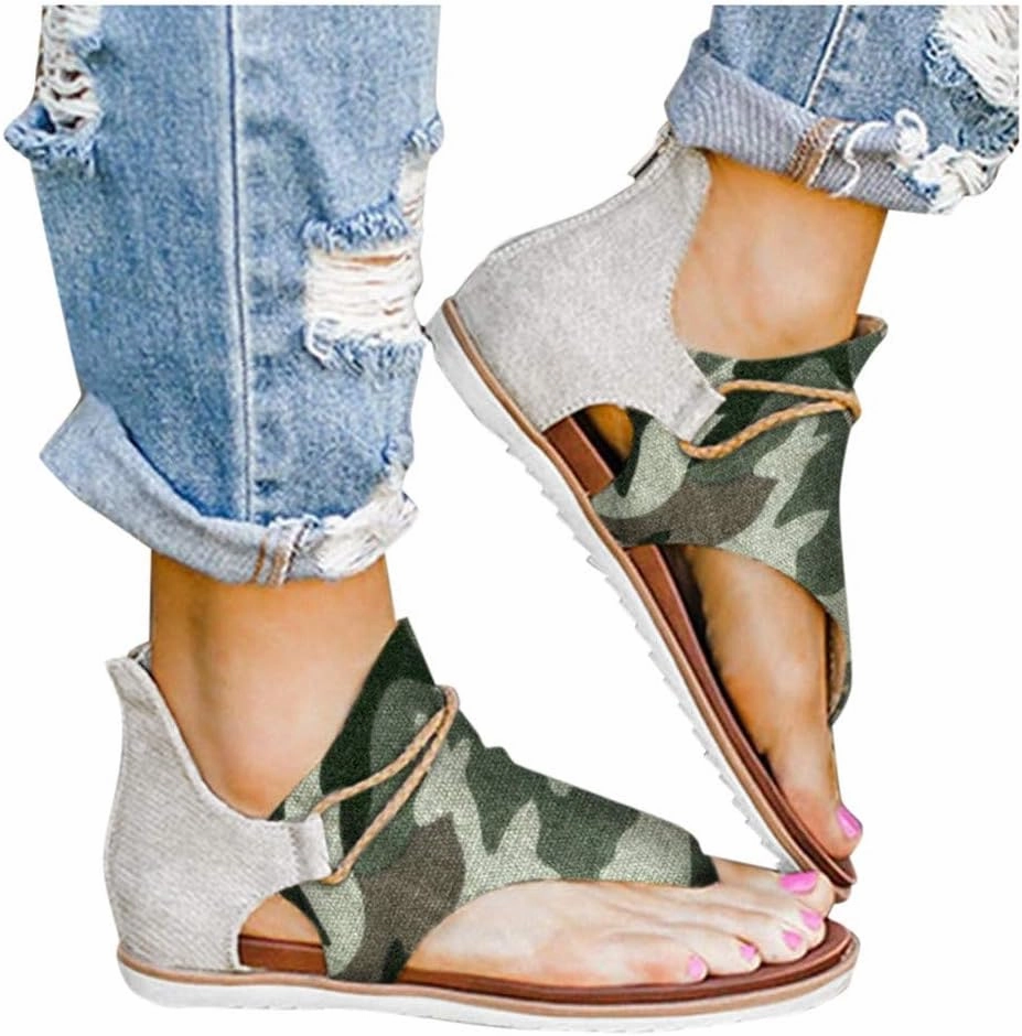 Slip.on Sandals for Women Flat,Summer Sandals Ladies Fashion Leopard/Zebra/Snake Pattern Flat Heel Slip Ons Sandals with Zipper