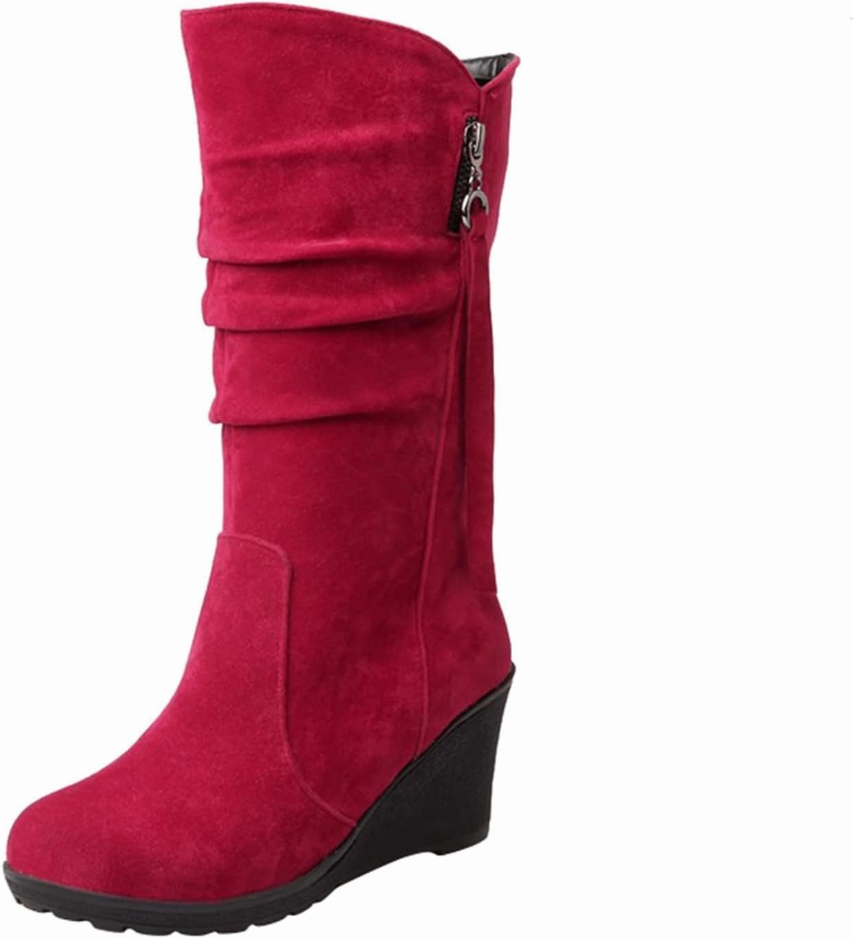 Ankle Boots For Women Retro Pleated Wedge Mid-Calf Western Cowboy Boots Zipper Cute Round Toe Knee High Boots Blinged Out Combat Boots