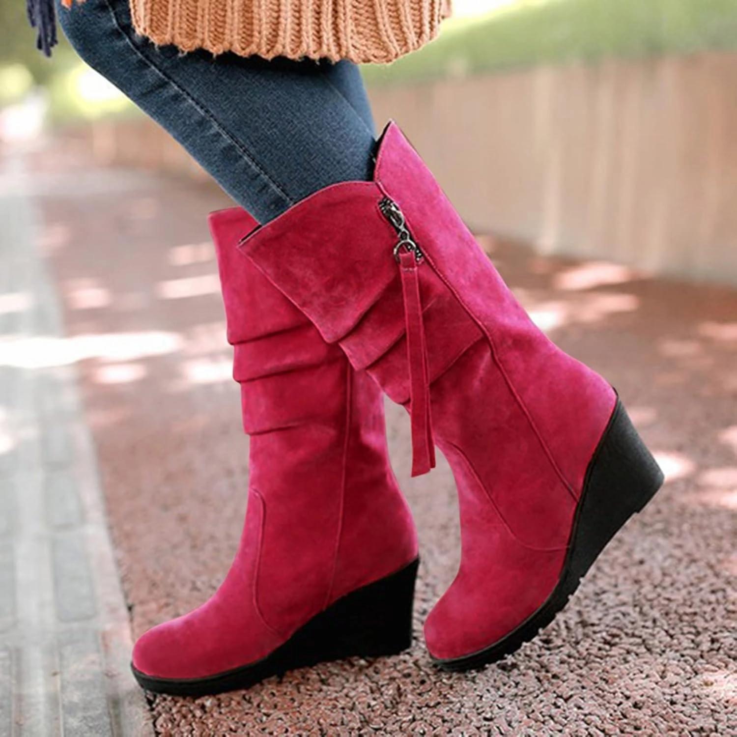 Ankle Boots For Women Retro Pleated Wedge Mid-Calf Western Cowboy Boots Zipper Cute Round Toe Knee High Boots Combat Boots Celebrity Style