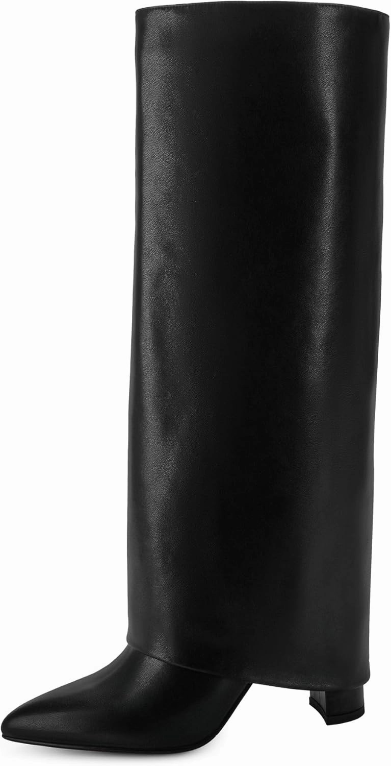 Modatope Knee High Boots Women Fold Over Knee High Boots Chunky High Heels Long Boots Zipper Pointed Toe Dress Tall Boots for Women Chunky Knee High Biker Boots