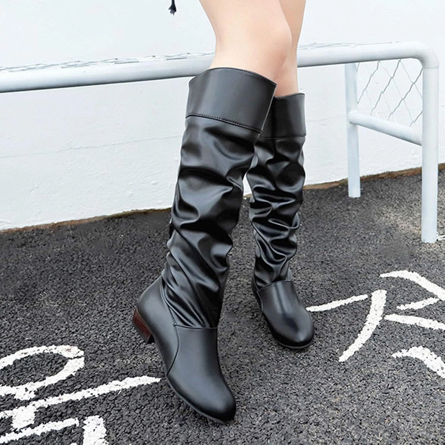 Molly Combat Boot Combat Boots Womens Pleated Knee High Boots Low Block Heel Thigh High Boots Over Knee Tall Long Bootie