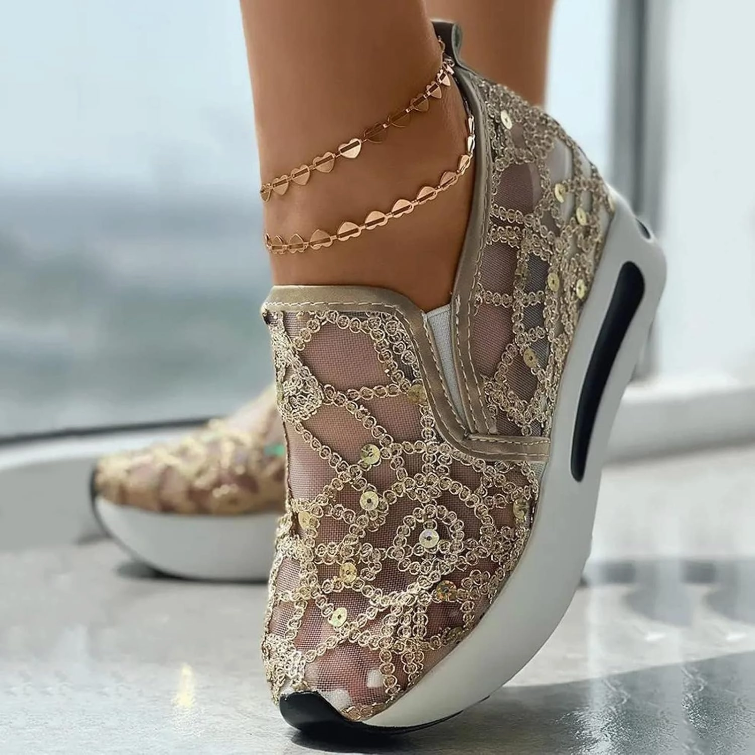 Good Walking Tennis Shoes Platform Wedge Sneakers for Women Slip on Loafers Comfortable Thick Soft Shoes Arch Support Walking Work Shoes Breathable Sheer Mesh Lace Fashion Shoe Comfort Sneaker