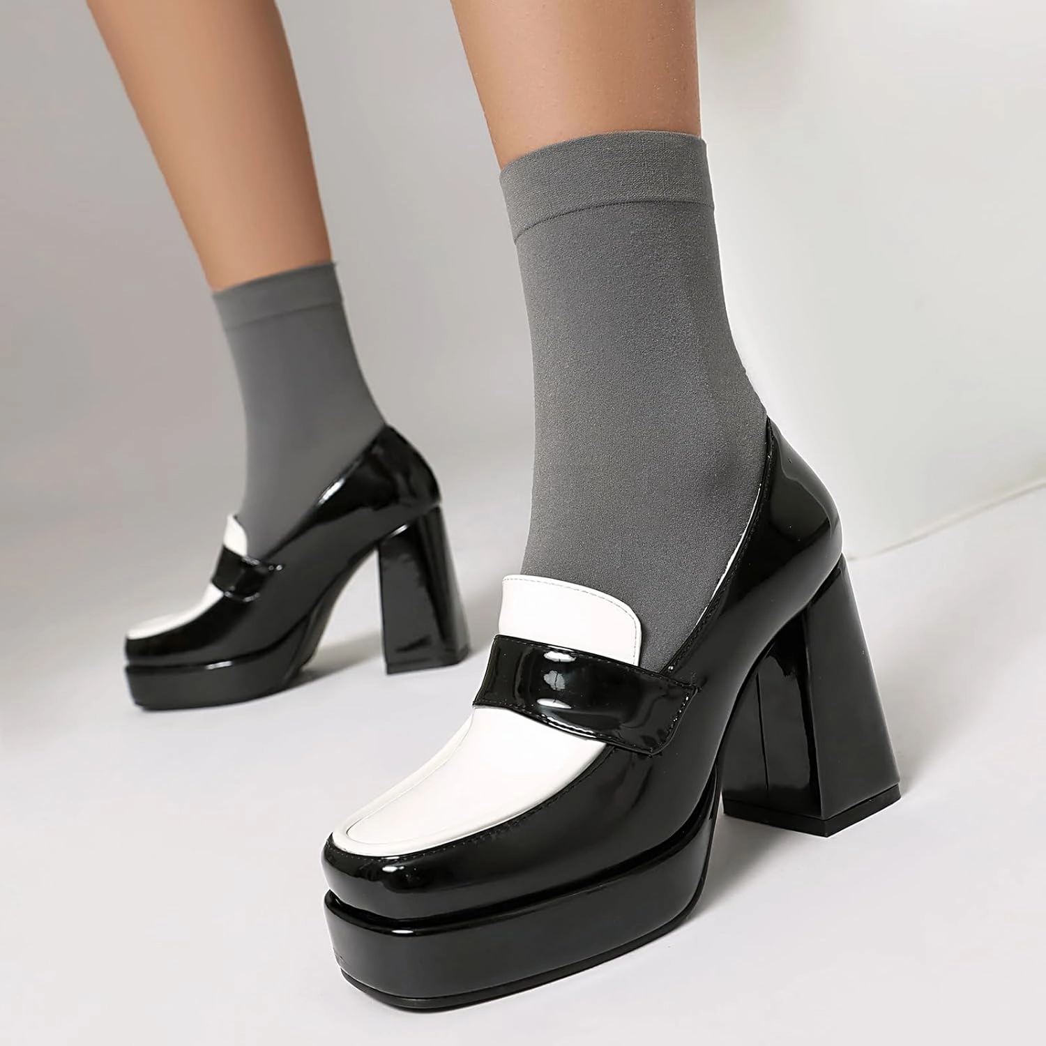 SACFOF Women Square Toe Mary Jane Shoes Platform Patent Leather Pumps Block High Heels Dress Comfortable Shoes Green And Yellow Tennis Shoes