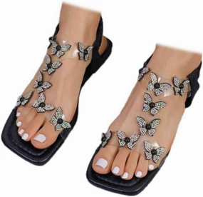 Boost Tennis Shoes SACFOF Women's Butterfly Sandals Summer Rhinestone Square Open Toe Slides Beach Sandals Flat Sandals Dressy Slip on Slides