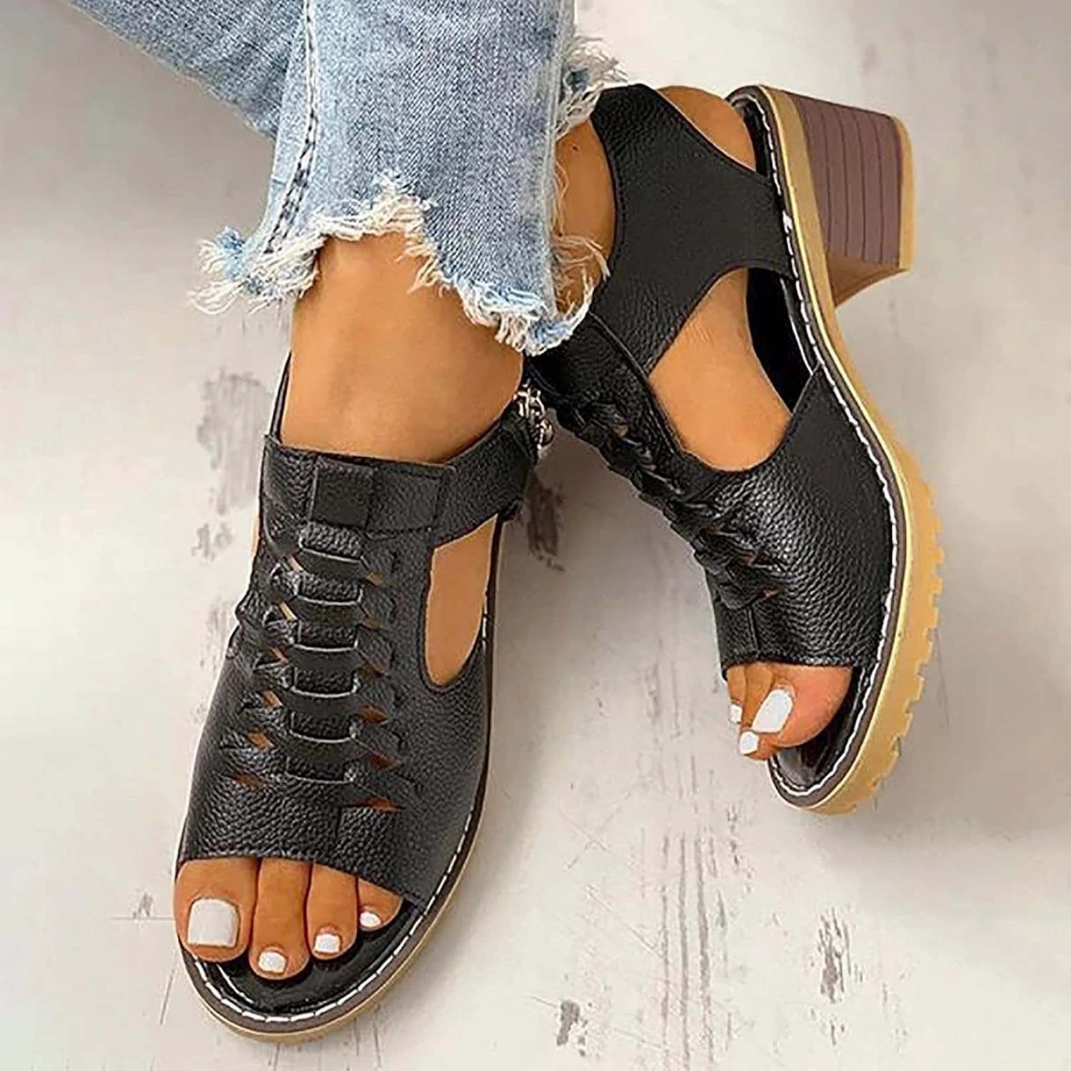 Womens Summer Wedge Sandals Peep Toe Cutout Zipper Chunky Heeled Sandals Comfy Orthotic Shoe Summer Casual Beach Sandal Cutout Ankle Strap Casual Beach Shoes Tennis Shoes Outlet