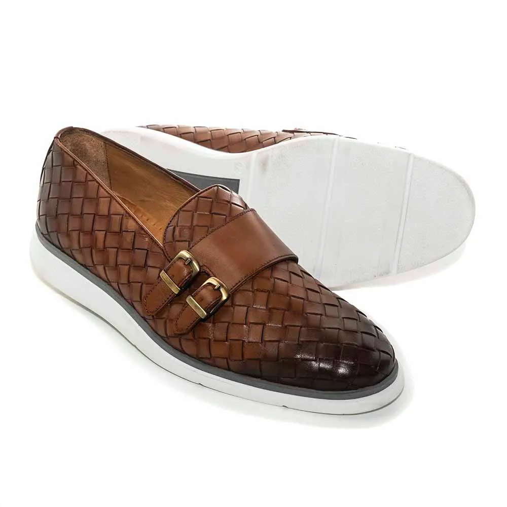 SIGOTTO UOMO Woven Double Buckle Tan Soft Leather Casual Shoes Formal Dressing Shoes