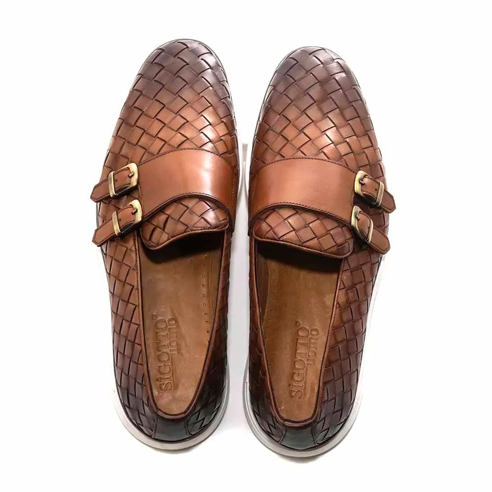 SIGOTTO UOMO Woven Double Buckle Tan Soft Leather Casual Shoes Wedding Shoes For Lace Dress