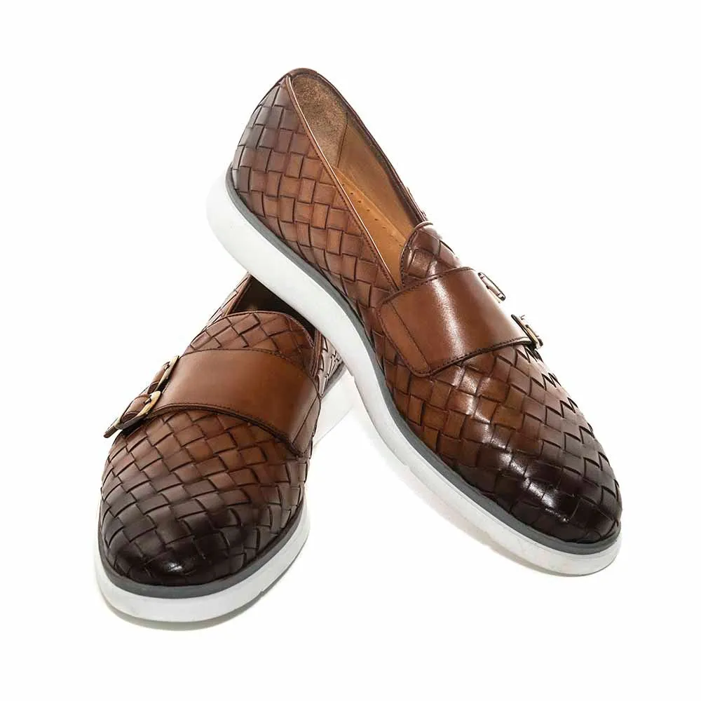 Arch Support Dress Shoes SIGOTTO UOMO Woven Double Buckle Tan Soft Leather Casual Shoes