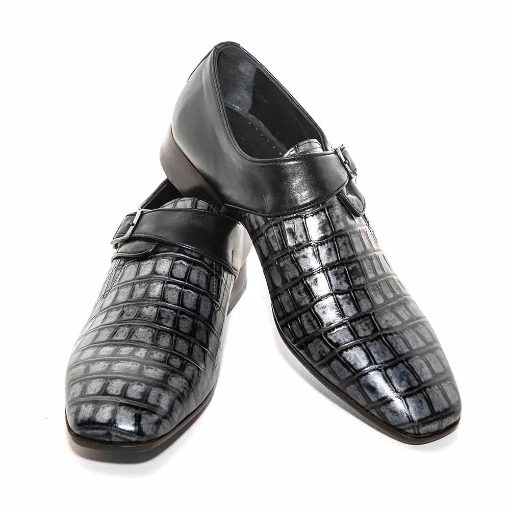 Sigotto Uomo Black Crocodile Print Embossed Monk Strap Buckle Dress Shoes Dress Shoes With Buckles