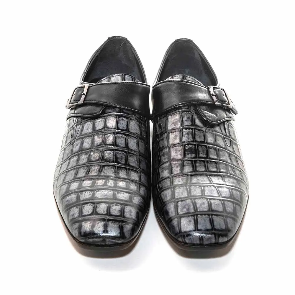 Sigotto Uomo Black Crocodile Print Embossed Monk Strap Buckle Dress Shoes Aetrex Dress Shoes