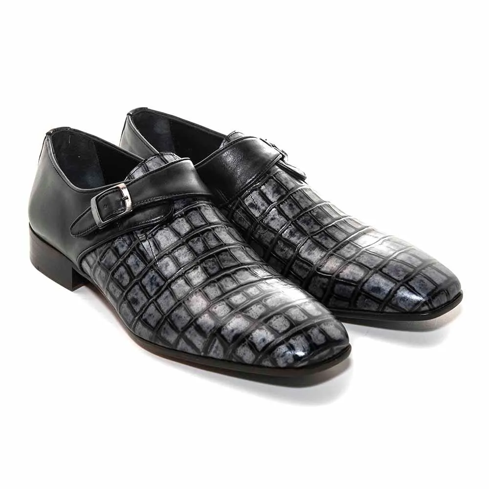 Sigotto Uomo Black Crocodile Print Embossed Monk Strap Buckle Dress Shoes Pointed Toe Dress Shoes