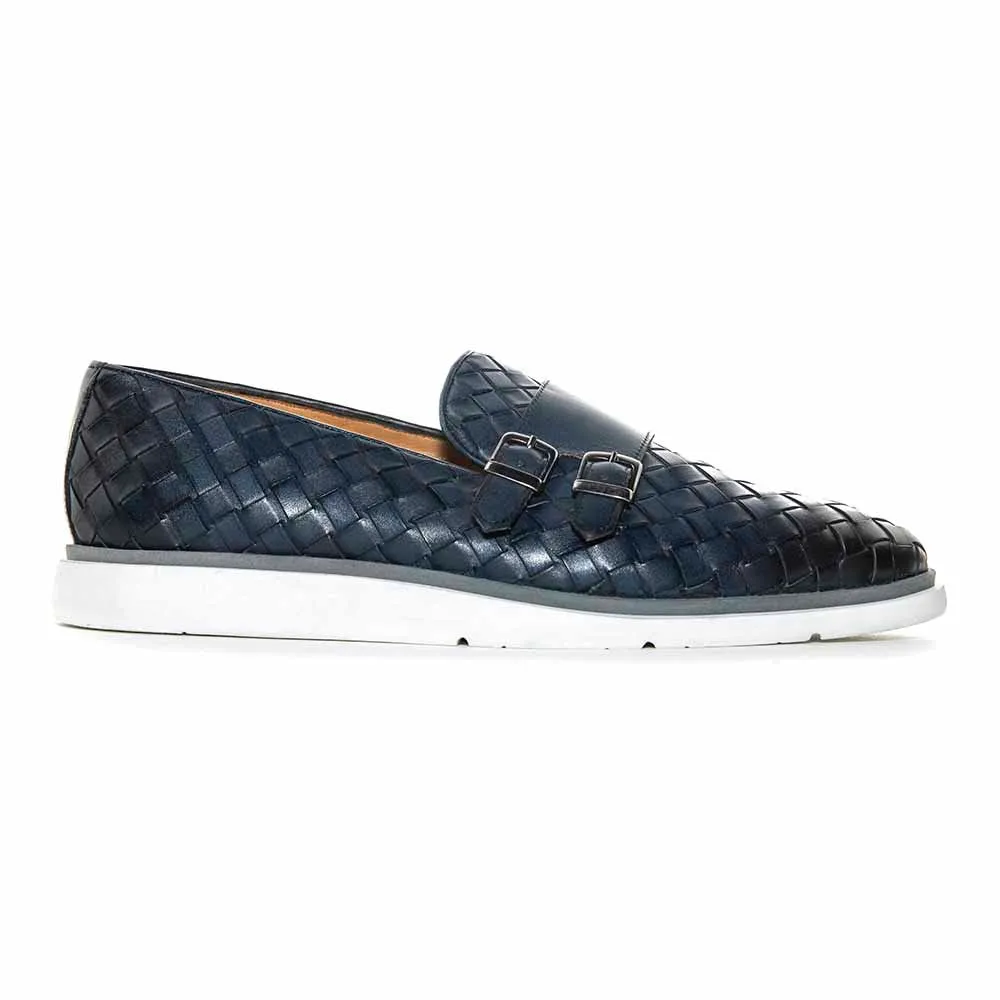 SIGOTTO UOMO Woven Double Buckle Navy Blue Soft Leather Casual Shoes Shoe