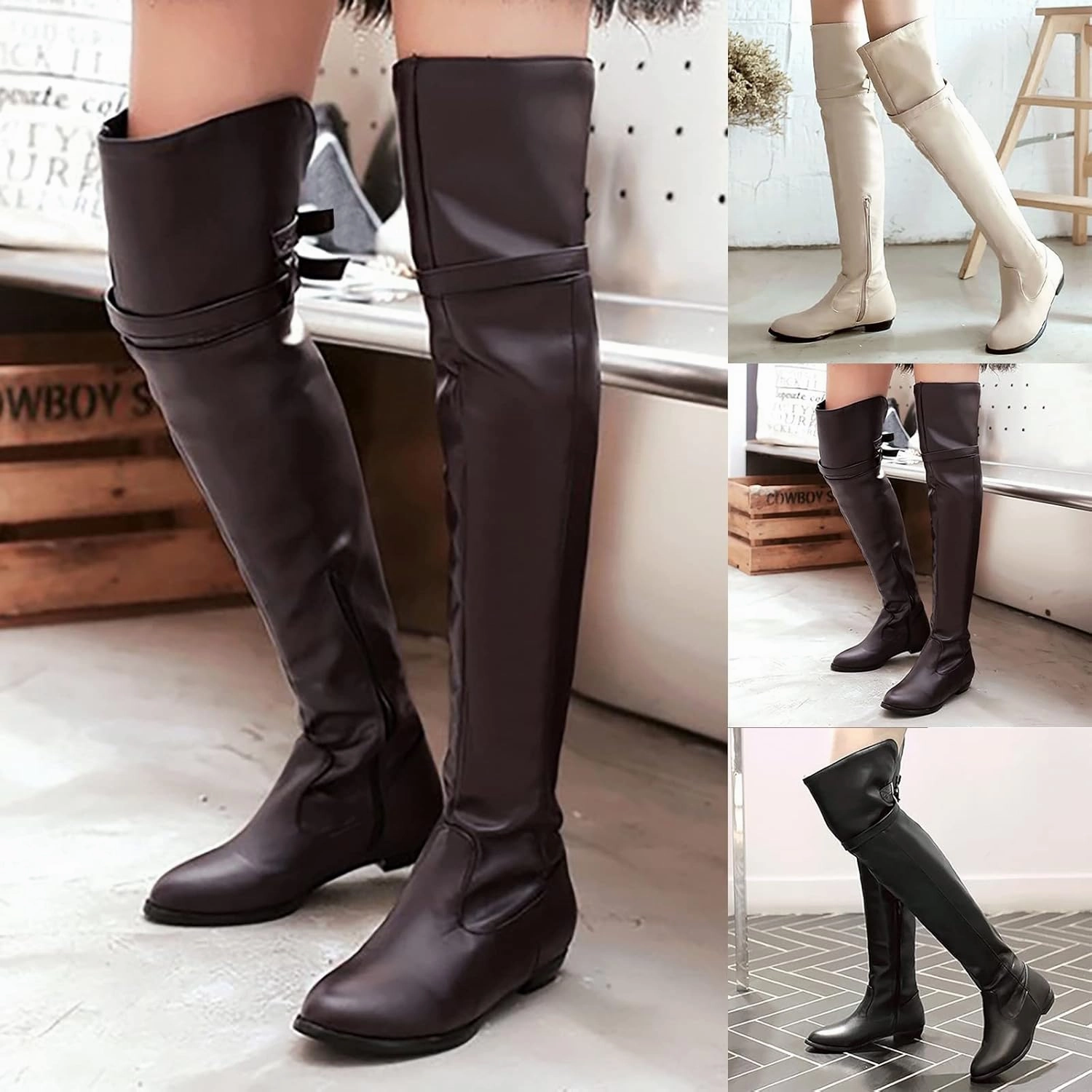 Square Front Knee High Boots Thigh High Boots for Women Over the Knee Boots Women's Solid Color Side Zipper Knee High Boots Flat Bottom Shoes