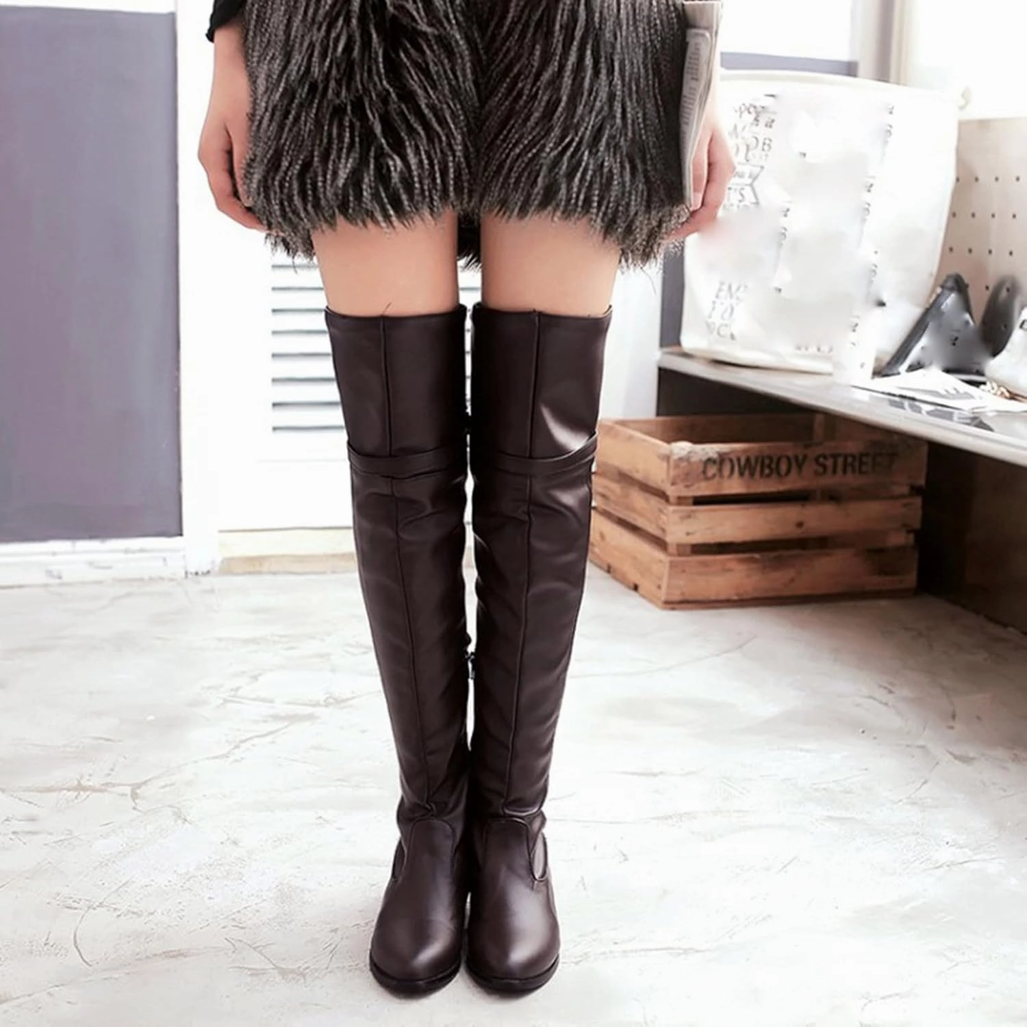 Thigh High Boots for Women Over the Knee Boots Women's Solid Color Side Zipper Knee High Boots Flat Bottom Shoes Knee High Boots Tie Back