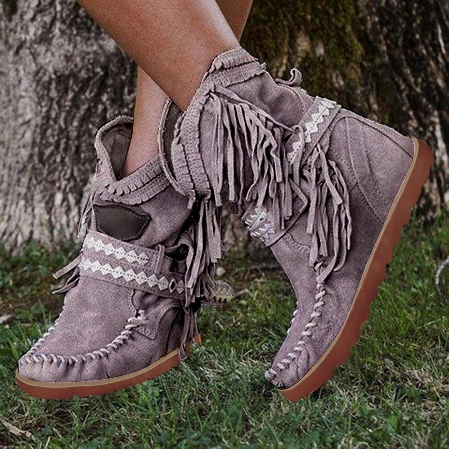 Combat Snow Boots Winter Boots For Women Tassel Flat Cowboy Boots Suede Buckle Wedge Cowgirl Western Ankle Booties Ankle Bootie