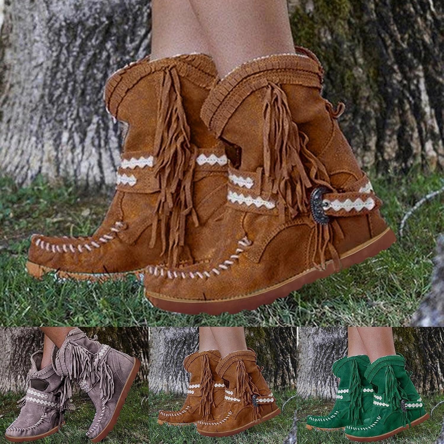 Combat Boots With Gold Accents Winter Boots For Women Tassel Flat Cowboy Boots Suede Buckle Wedge Cowgirl Western Ankle Booties Ankle Bootie