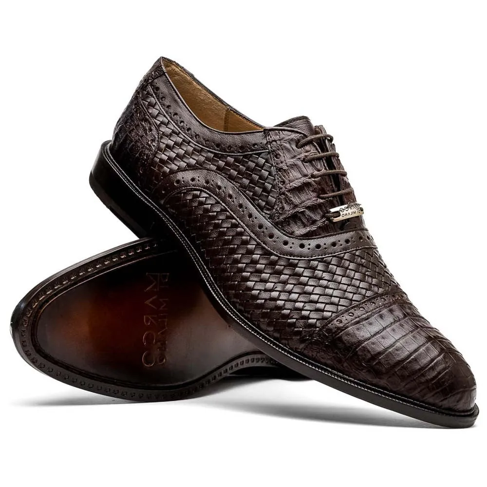 Navy Dress Shoes Wide John Woven calfskin Genuine Caiman Crocodile Cap Toe Oxford | MARCO DI MILANO