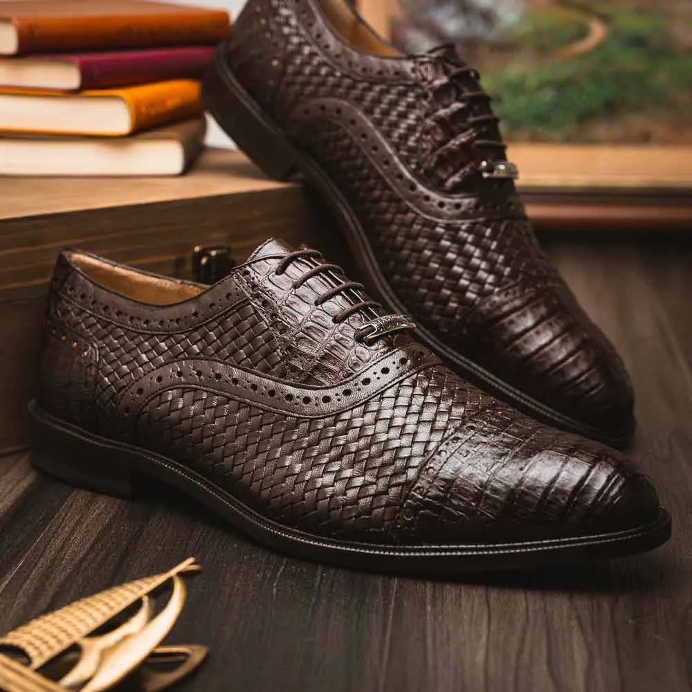 Black And Grey Dress Shoes John Woven calfskin Genuine Caiman Crocodile Cap Toe Oxford | MARCO DI MILANO