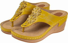 Best Travel Flip Flops Women's Summer Casual Sandals Flower Decoration Wedge Heel Clip Toe Arch Support Flip Flops Comfortable Beach Sandal