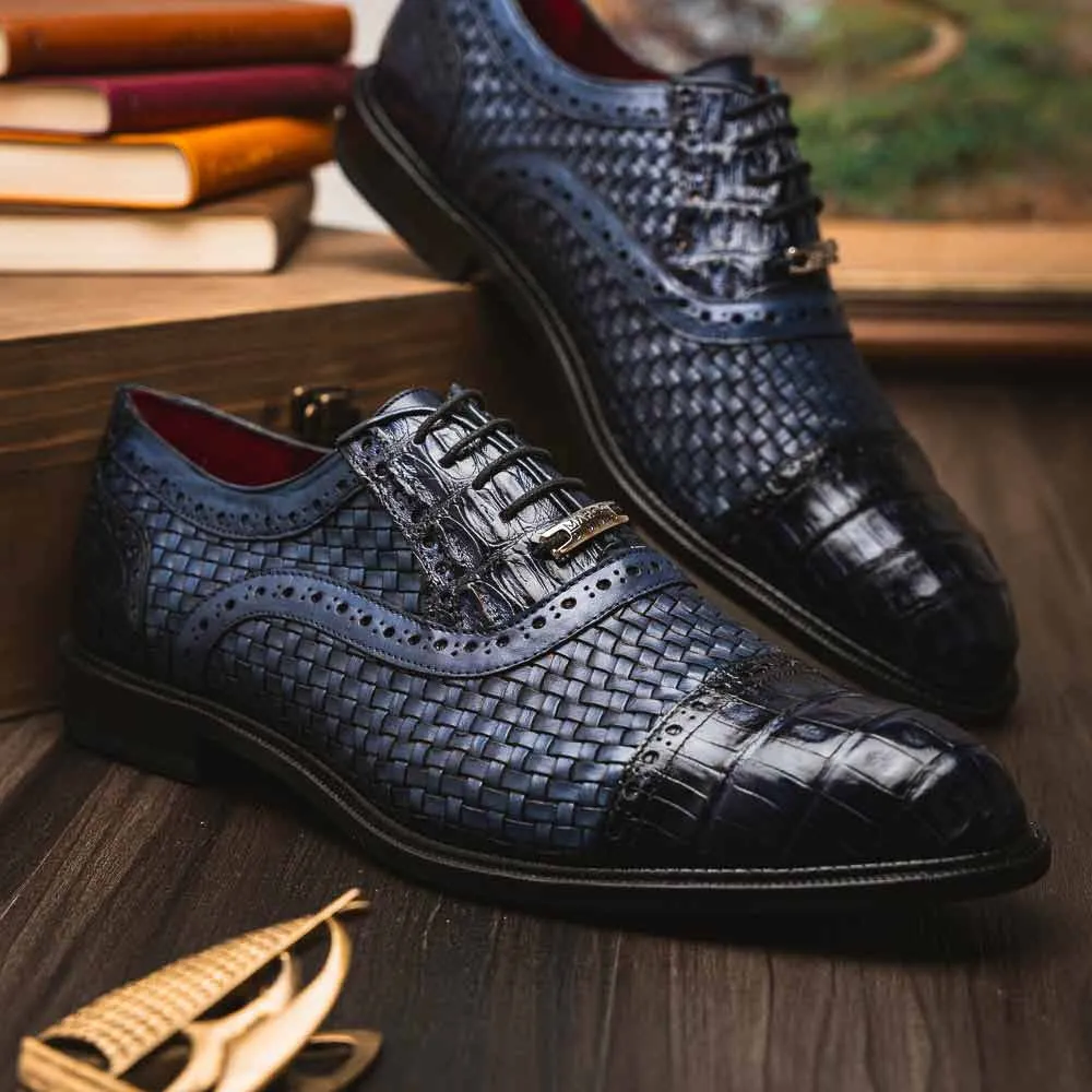 John Woven calfskin Genuine Caiman Crocodile Cap Toe Oxford | Marco Di Milano 2 Inch Dress Shoes
