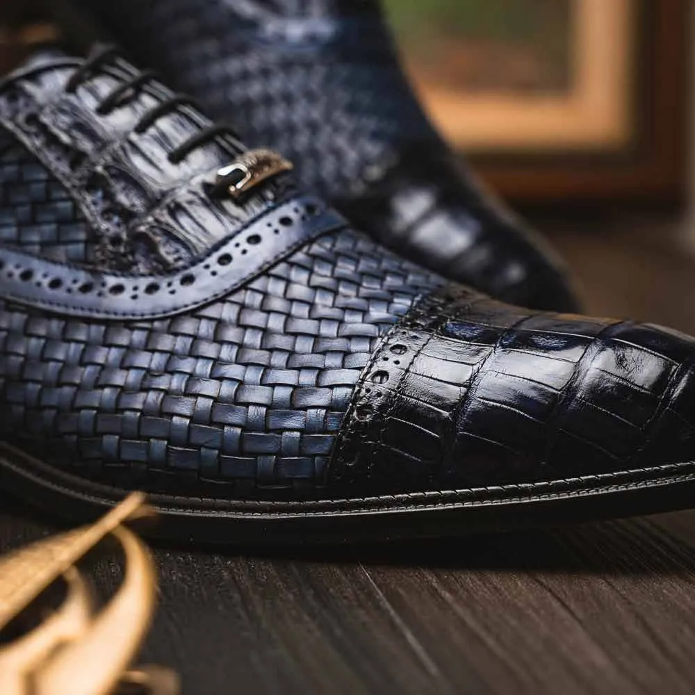 John Woven calfskin Genuine Caiman Crocodile Cap Toe Oxford | Marco Di Milano Dress Shoes Black