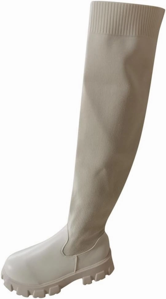 Womenyiaor Women's Over The Knee Boots Thigh High Boots for Women Stretchy Knit Round Toe Knee High Boots Black Suede Chunky Heel Platform Over-the-Knee Boots Fashion Boots Fall Boots Fur Knee High Wedge Boots