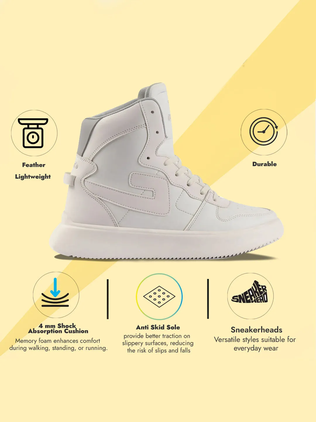 Stacked Heel Knee High Boots FAUSTO Men White High Top Chunky Classic Lace Up Sneakers|High Ankle Sneakers With Memory Cushion|Lightweight All Day Sneakers