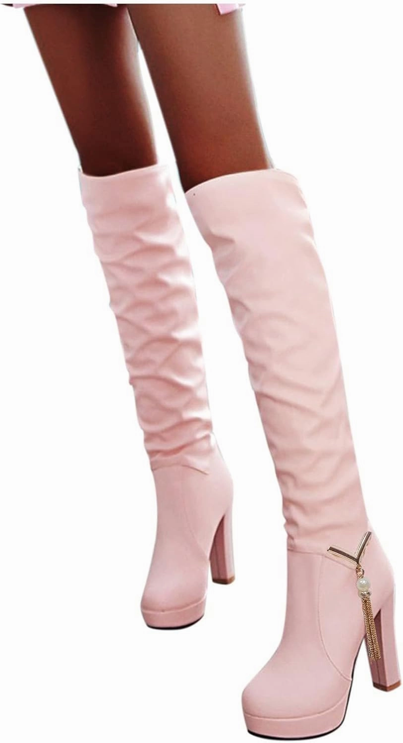 ZDLJYL Women's Thigh High Over The Knee Fashion Boots Block Mid Heel Long Sexy Faux Fur Boots Platform Knee High Boots Sparkle Boots Knee High